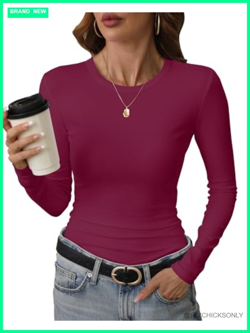 Womens Crewneck Long Sleeve Slim Fitted Top T-Shirt Stretchy Ribbed Knit Basic